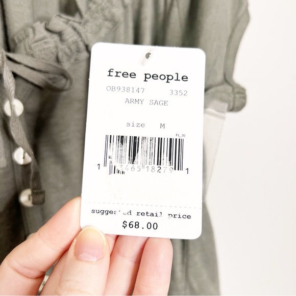 New with tag Women's Free People Army Sage Green Ruffled Button Lace Tie Blouse - Picture 14 of 16